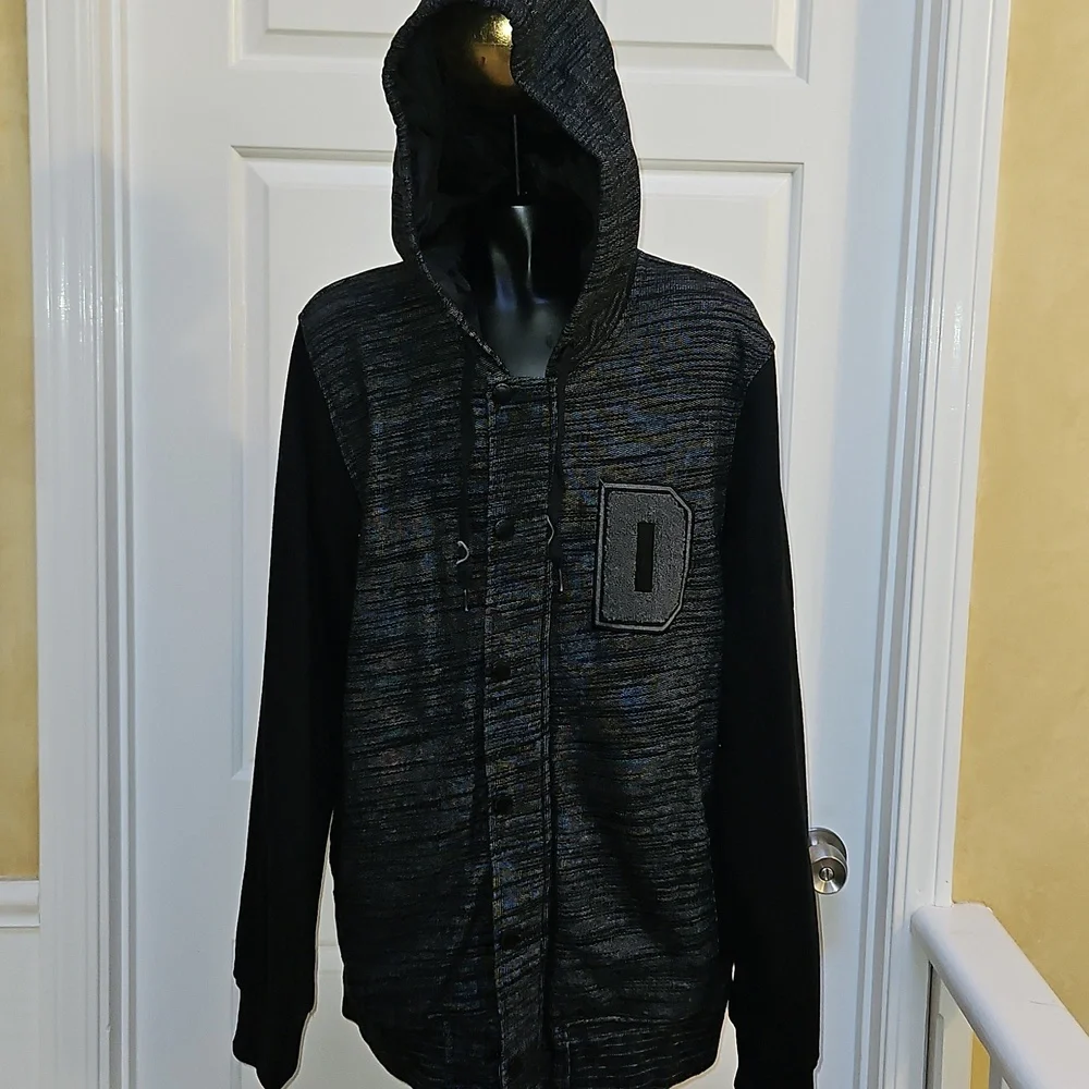 DRAVUS Men's Black and Gray Hooded varsity Letter Jacket Coat - M